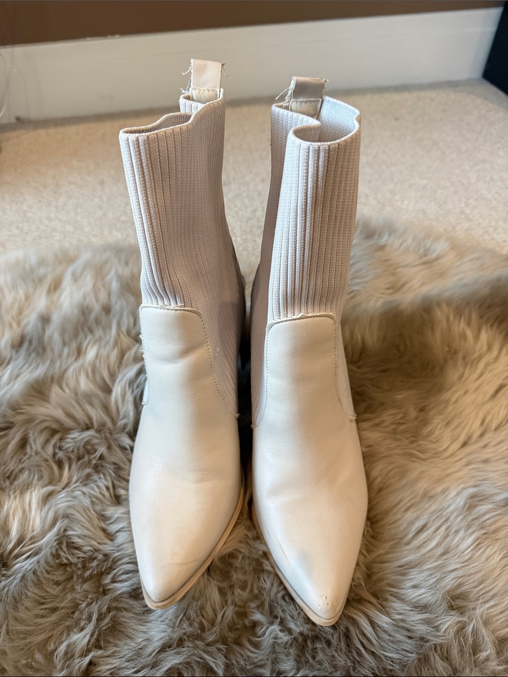 Yoki Cream Pointed Toe Ribbed Chelsea Ankle Boots